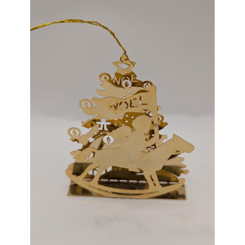Vintage Gold Tone Metal Christmas Ornament 3D Rocking Horse Noel Tree Brass Styl